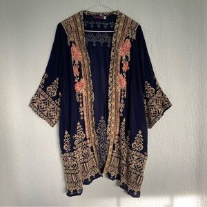 Johnny Was Helena Kimono Navy Tan Embroidered Top